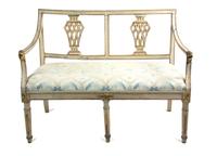 A Gustavian Painted and Parcel Gilt Settee Height 33 1/2 x width 42 x depth 21 1/2 inches. — LATE 18TH/EARLY 19TH CENTURY