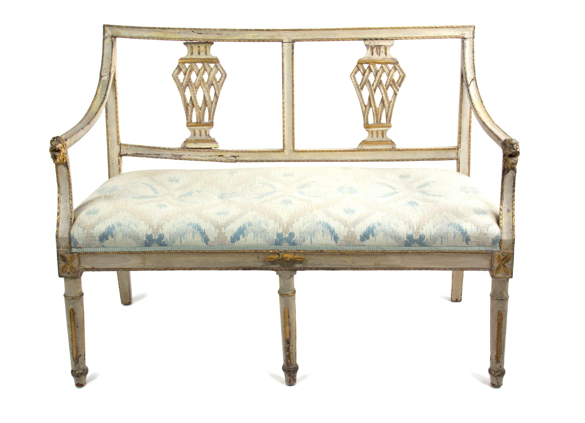 A Gustavian Painted and Parcel Gilt Settee Height 33 1/2 x width 42 x depth 21 1/2 inches. — LATE 18TH/EARLY 19TH CENTURY