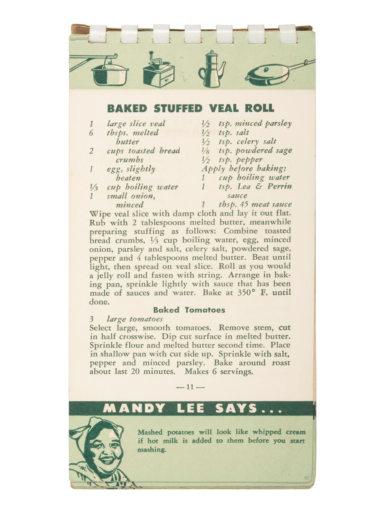 [AFRICAN AMERICANA - COOKBOOKS]. PREVOST, Ruth (1917-1954). Mandy Lee's Recipes for Good New Orleans Dishes . [Louisiana]: N.p., ca 1950-1954.