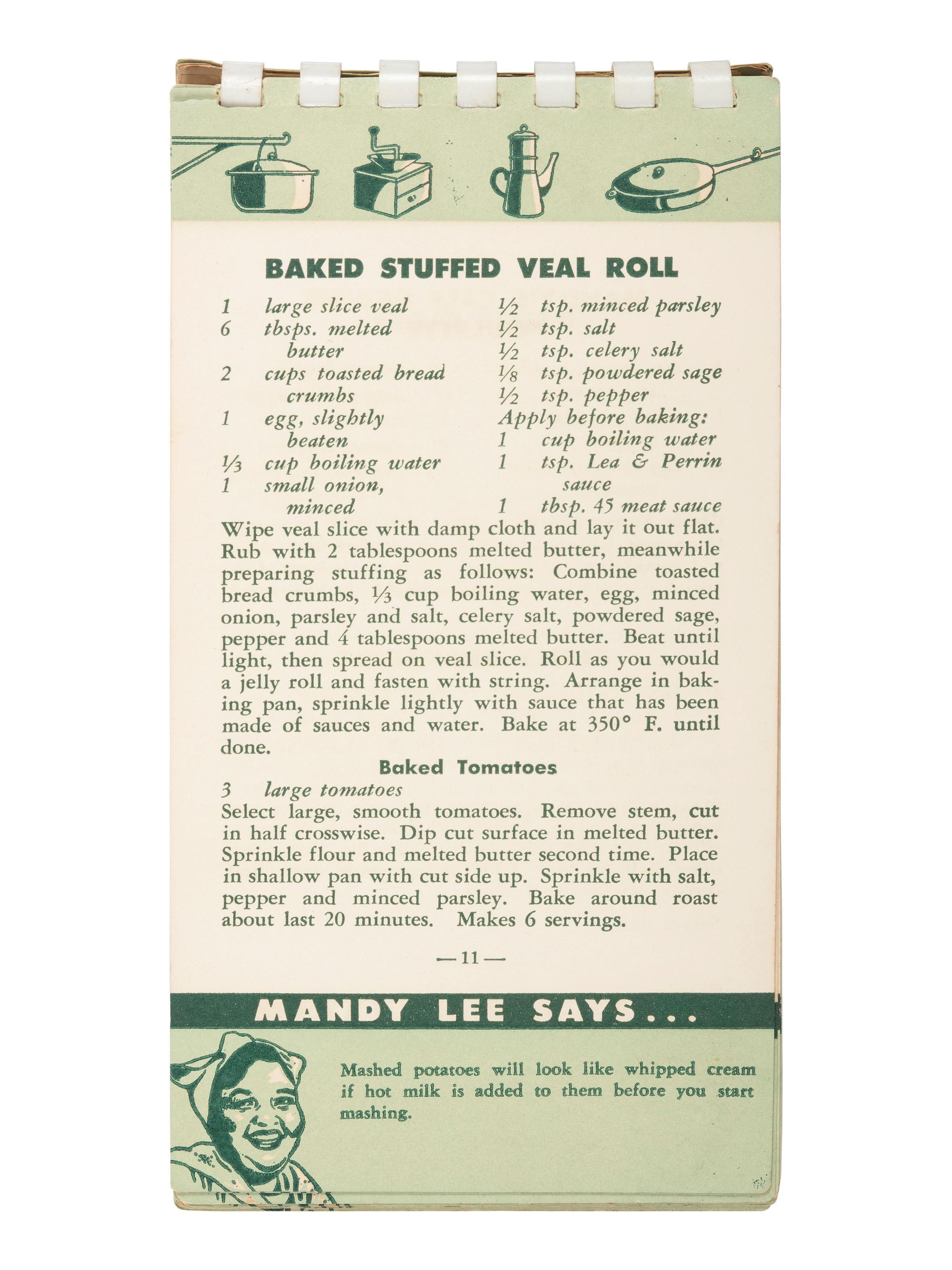 [AFRICAN AMERICANA - COOKBOOKS]. PREVOST, Ruth (1917-1954). Mandy Lee's Recipes for Good New Orleans Dishes . [Louisiana]: N.p., ca 1950-1954.