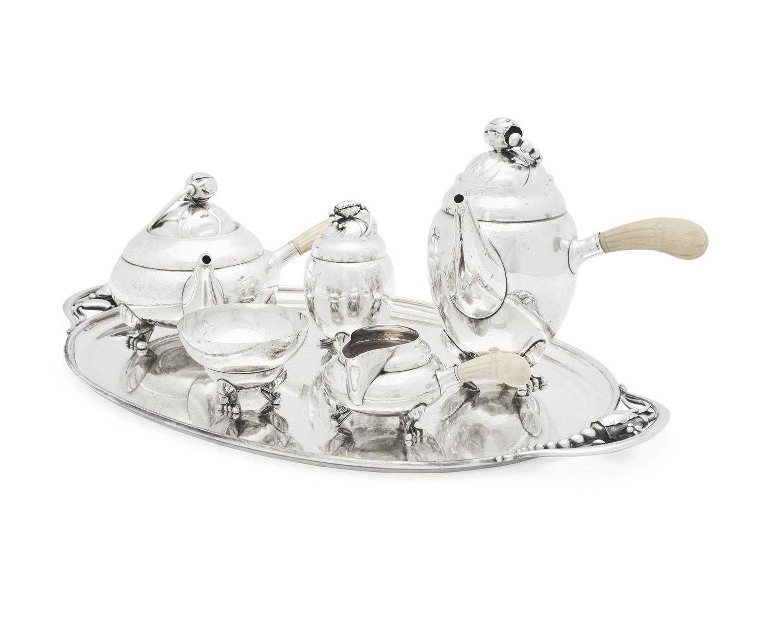 A Georg Jensen Silver Blossom Pattern Six-Piece Tea and Coffee Service
