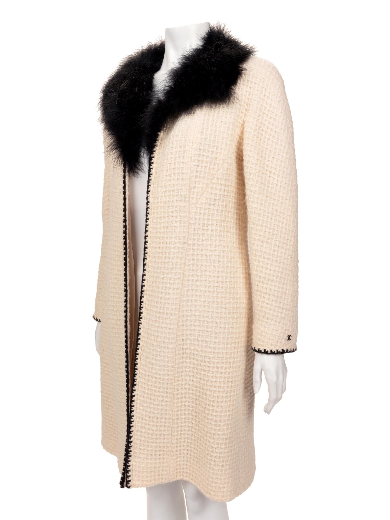 Chanel Tweed Coat with Feather Collar, 1990-2000s