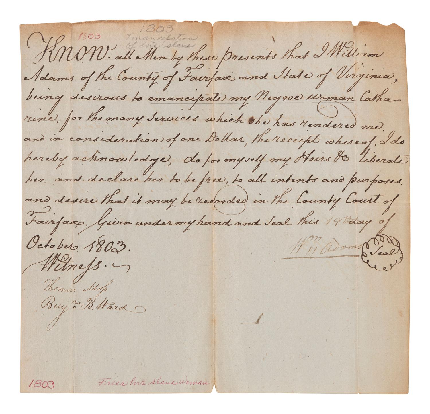 [ENSLAVEMENT]. Manuscript manumission for enslaved woman "Catharine." Fairfax Co., VA, 19 Oct. 1803.