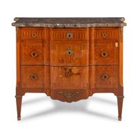 A Louis XVI Style Marquetry and Gilt Metal Mounted Marble-Top Commode