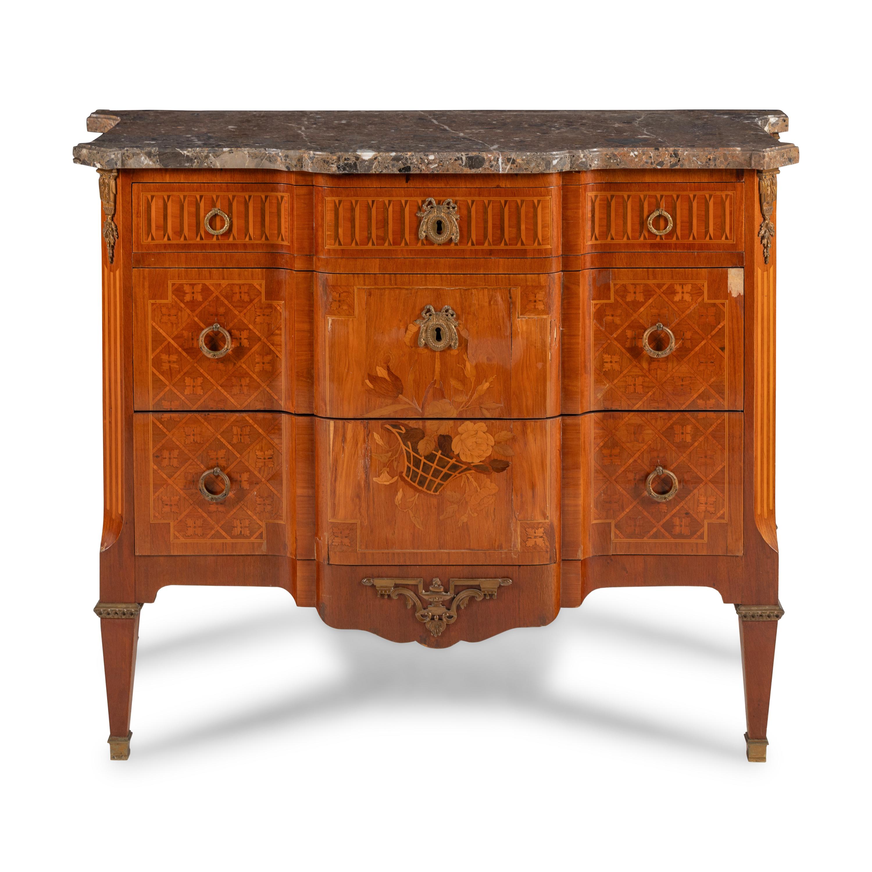A Louis XVI Style Marquetry and Gilt Metal Mounted Marble-Top Commode