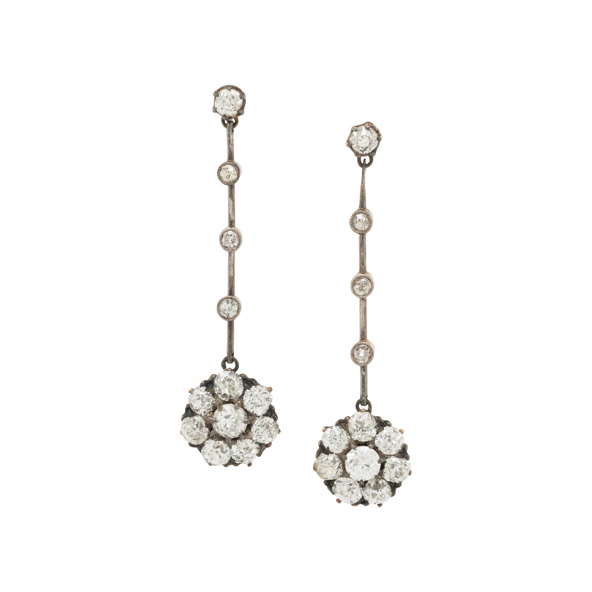 ANTIQUE, DIAMOND FLOWER DROP EARRINGS