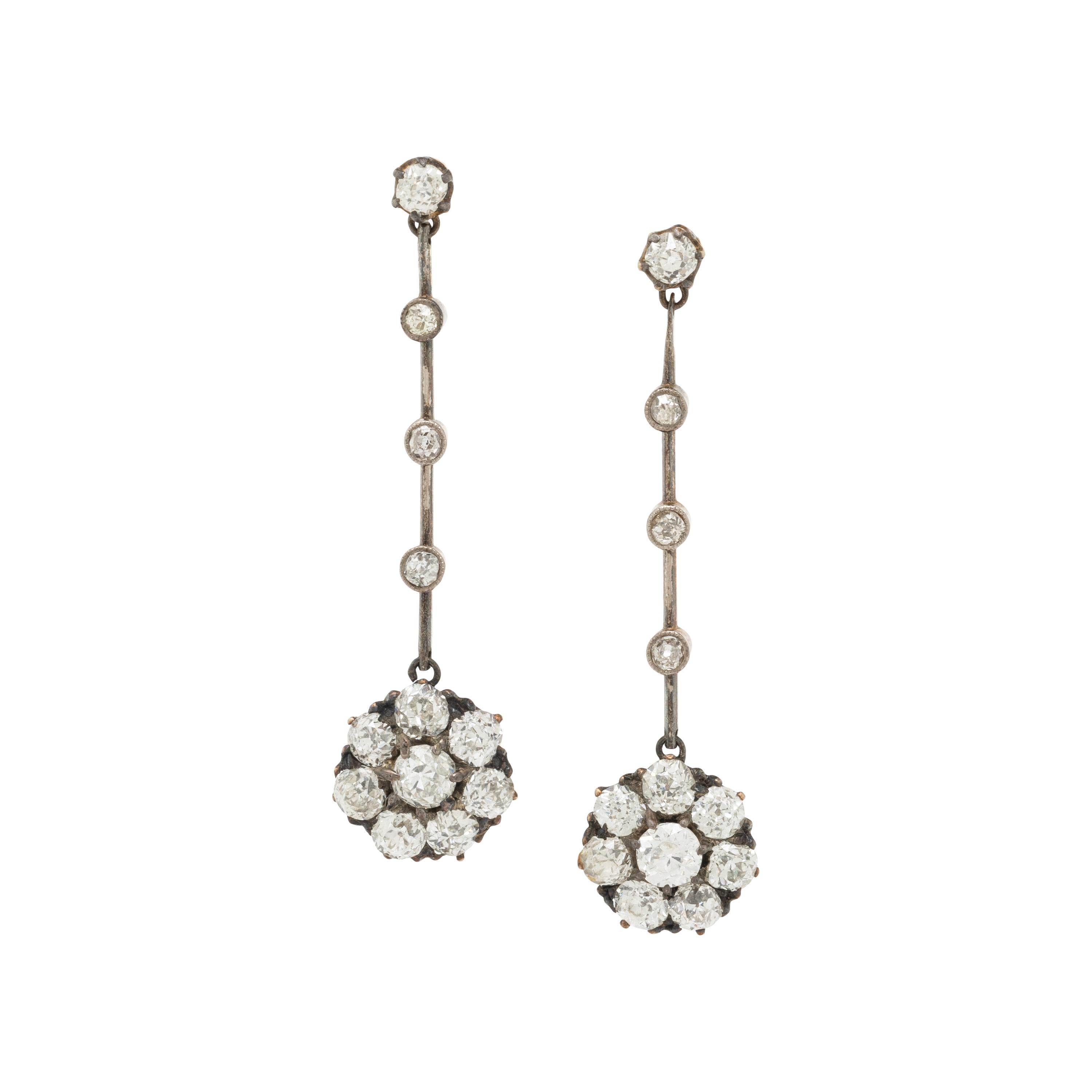 ANTIQUE, DIAMOND FLOWER DROP EARRINGS