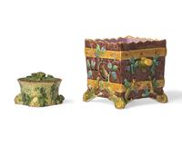 A Majolica Cachepot and Glazed Redware "Faux Bois" Covered Box