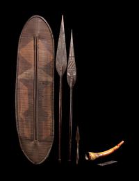 A Ngombe Wicket Shield with Three Spears and a Mbiu Horn