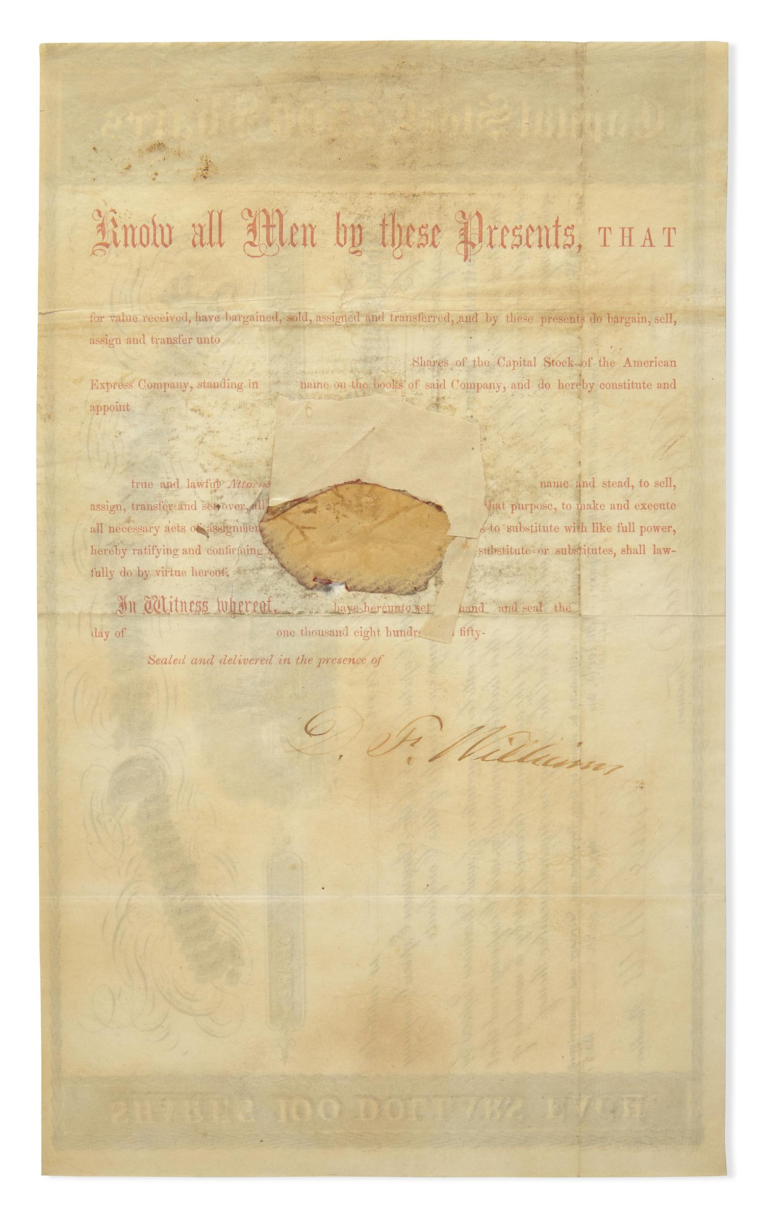 [Americana] Wells, Henry, and William G. Fargo. American Express Company Stock Certificate, signed