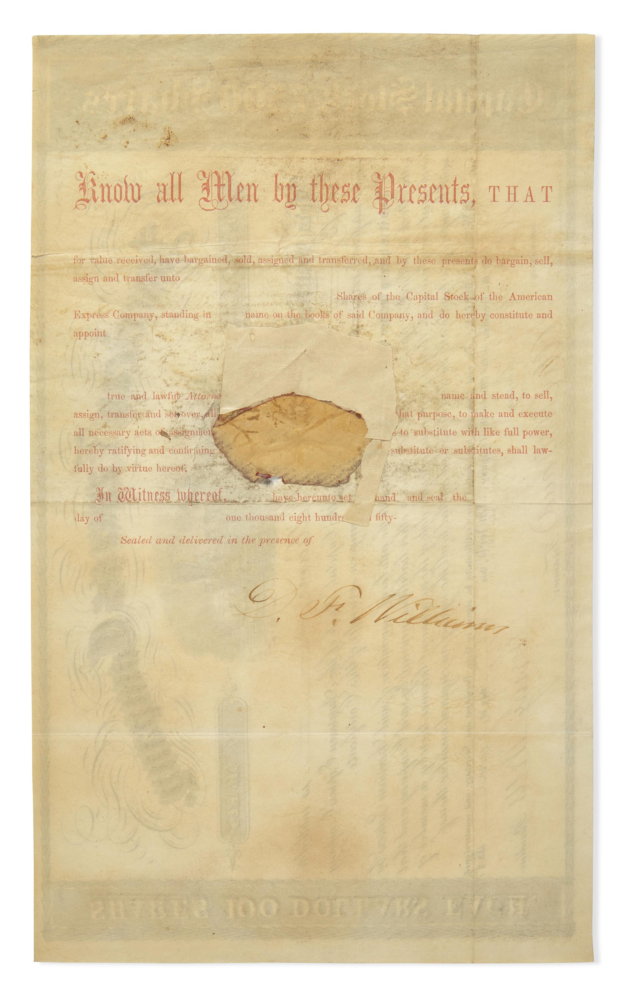 [Americana] Wells, Henry, and William G. Fargo. American Express Company Stock Certificate, signed