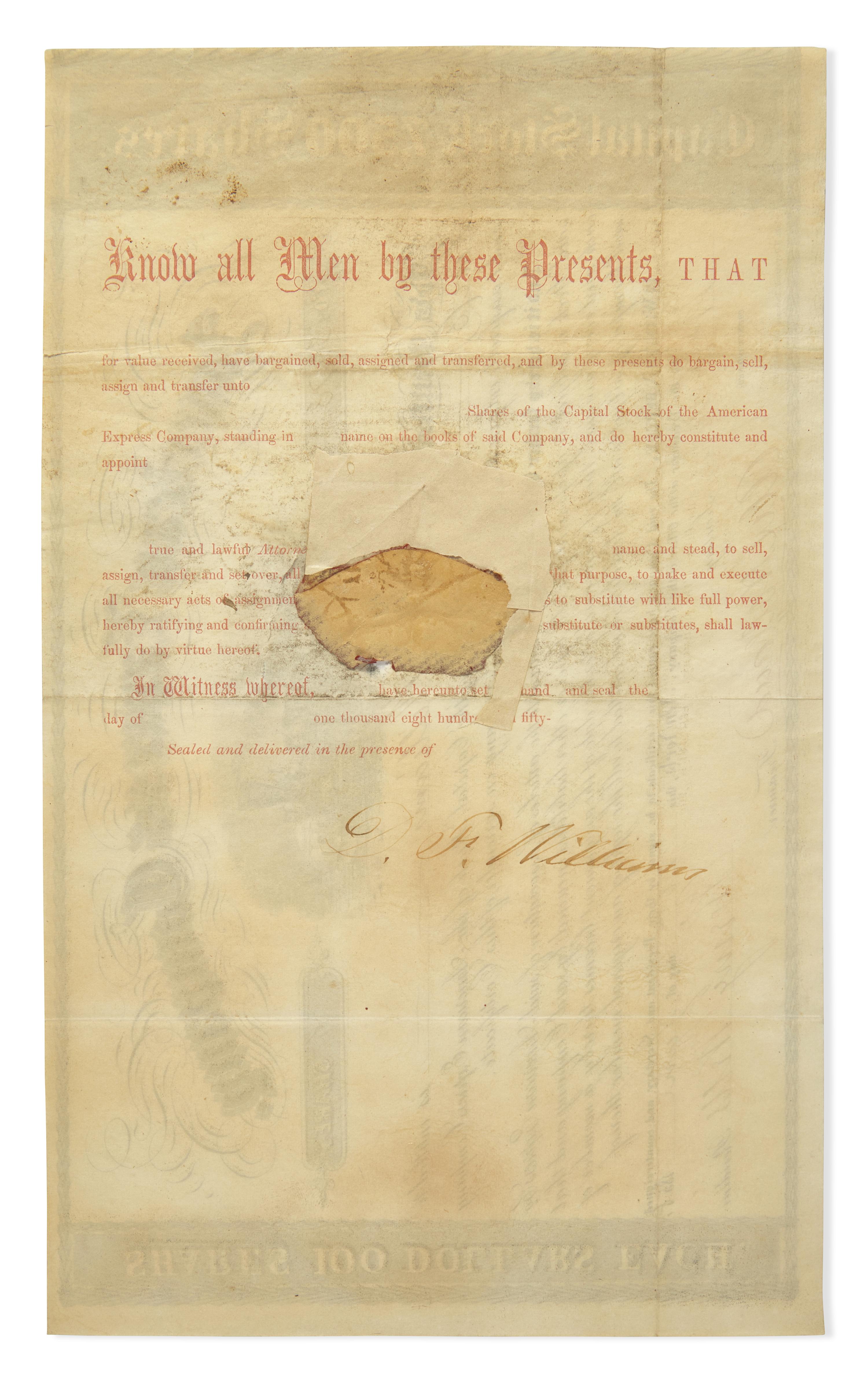 [Americana] Wells, Henry, and William G. Fargo. American Express Company Stock Certificate, signed