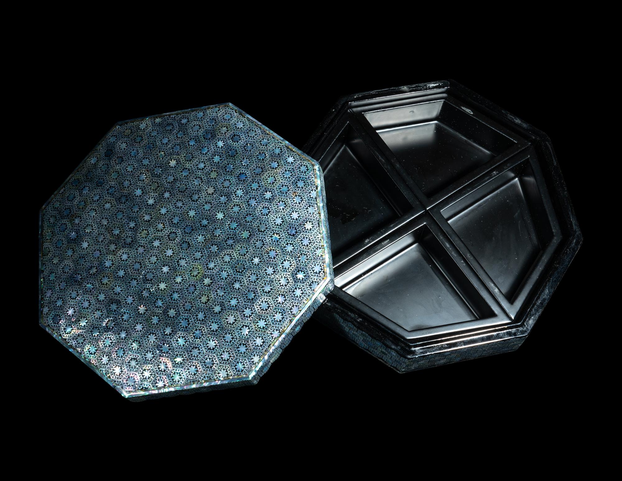 A Korean Mother-of-Pearl Inlaid Black Octagonal Lacquered Box and Cover