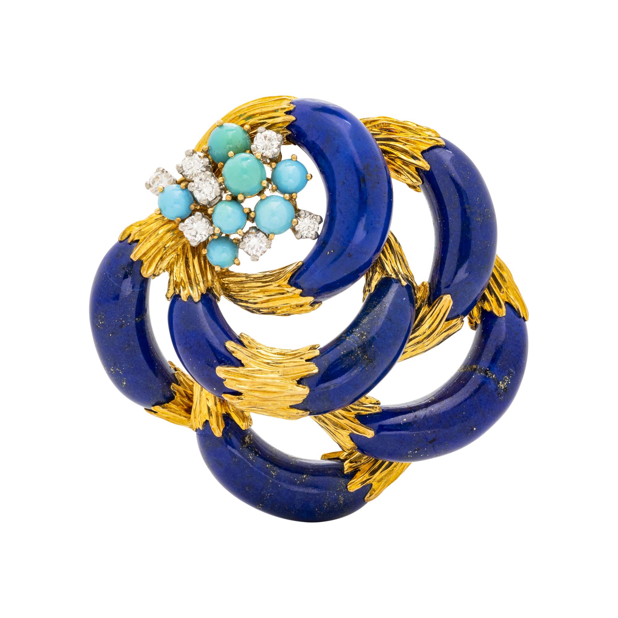 SPAULDING & CO., FRENCH, LAPIS LAZULI, TURQUOISE AND DIAMOND BROOCH