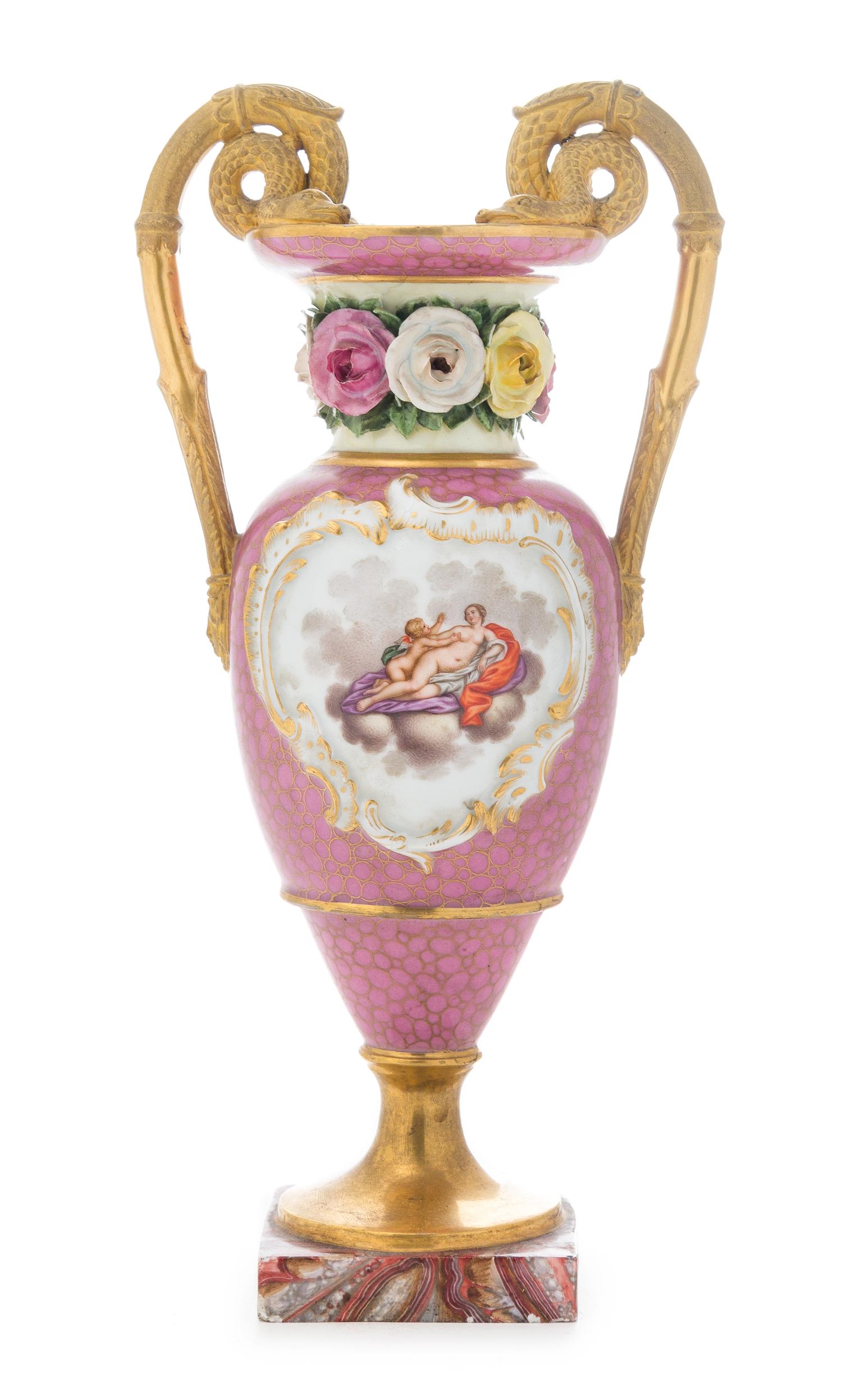 A German Gilt Bronze Mounted Porcelain Vase Height 11 1/4 inches.