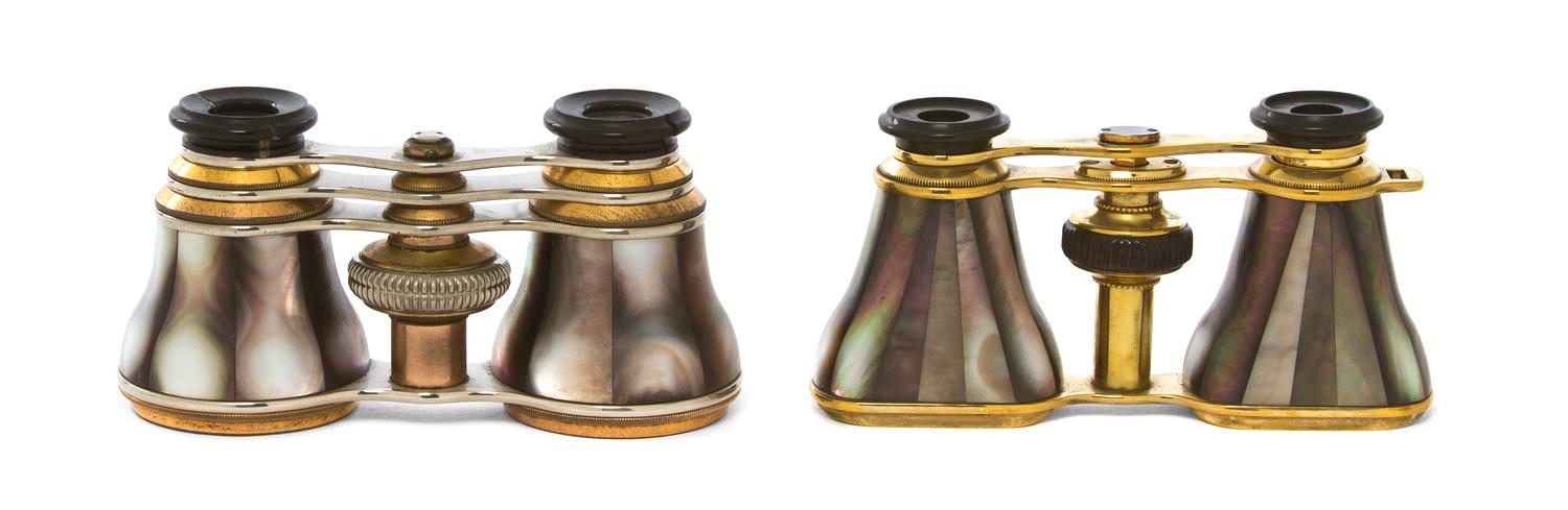 Two Pairs of Continental Mother-of-Pearl Veneered Opera Glasses, Width of first 4 1/8 inches.