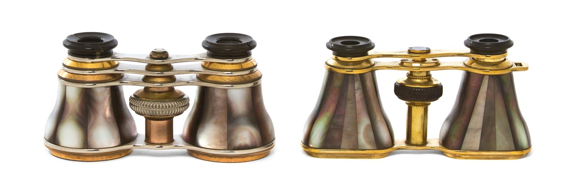 Two Pairs of Continental Mother-of-Pearl Veneered Opera Glasses, Width of first 4 1/8 inches.