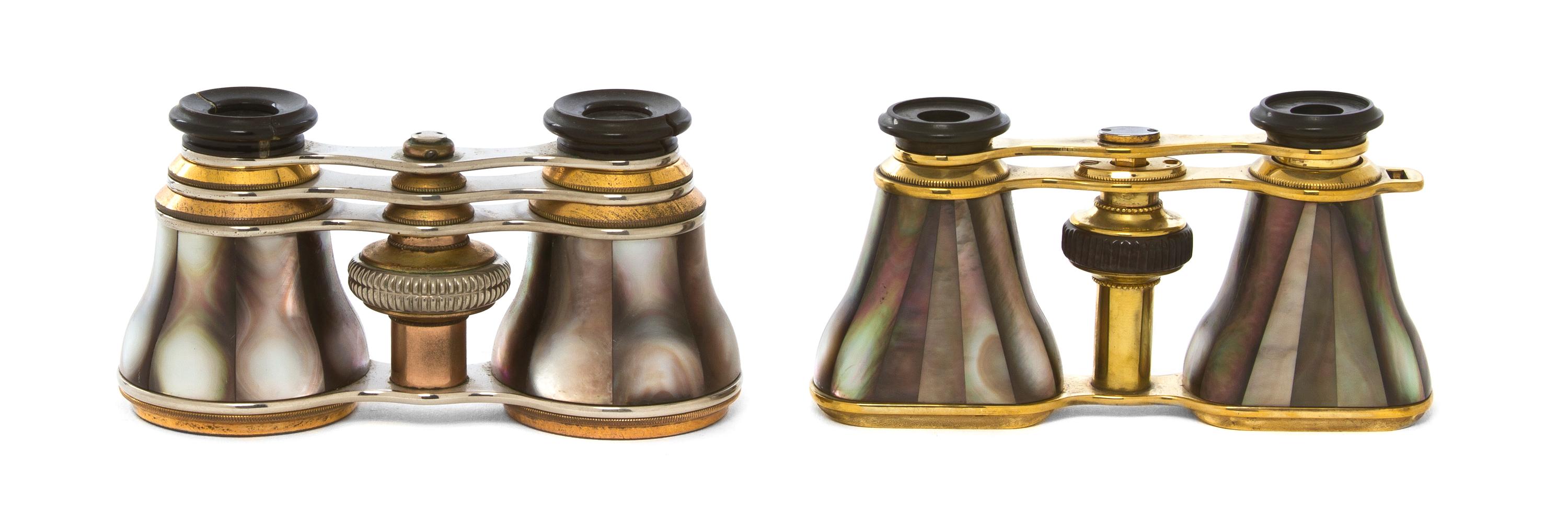 Two Pairs of Continental Mother-of-Pearl Veneered Opera Glasses, Width of first 4 1/8 inches.