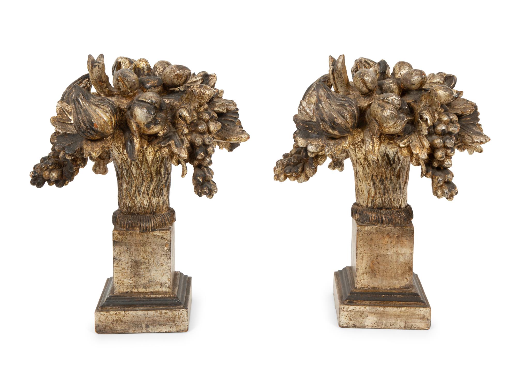 A Pair of Italian Carved Silver Giltwood Models of Fruits and Flowers
