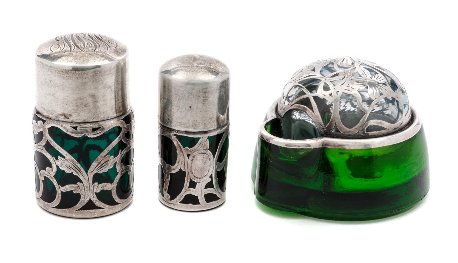 Three Silver Overlay Glass Articles Height of tallest 2 1/2 inches.
