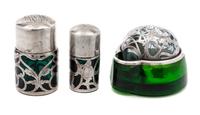 Three Silver Overlay Glass Articles Height of tallest 2 1/2 inches.
