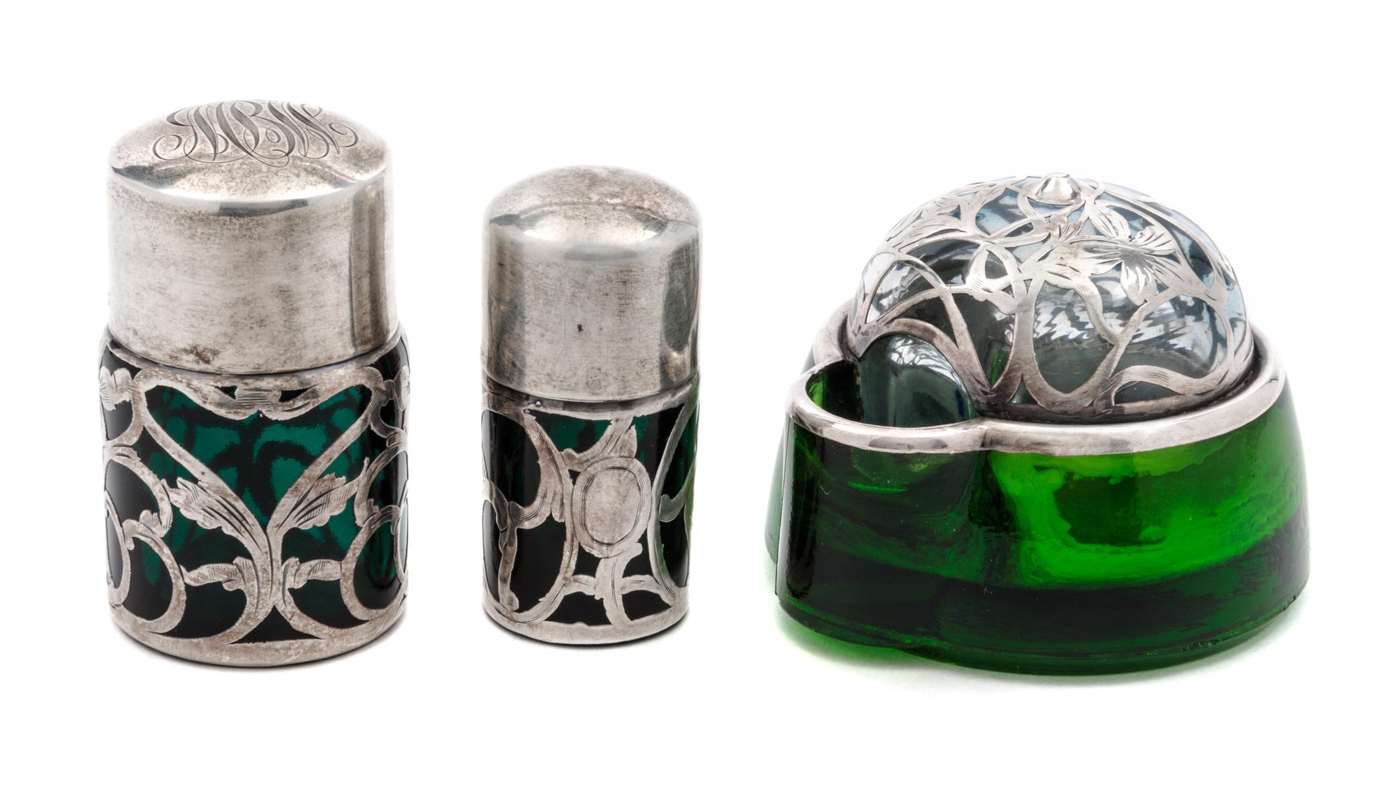 Three Silver Overlay Glass Articles Height of tallest 2 1/2 inches.