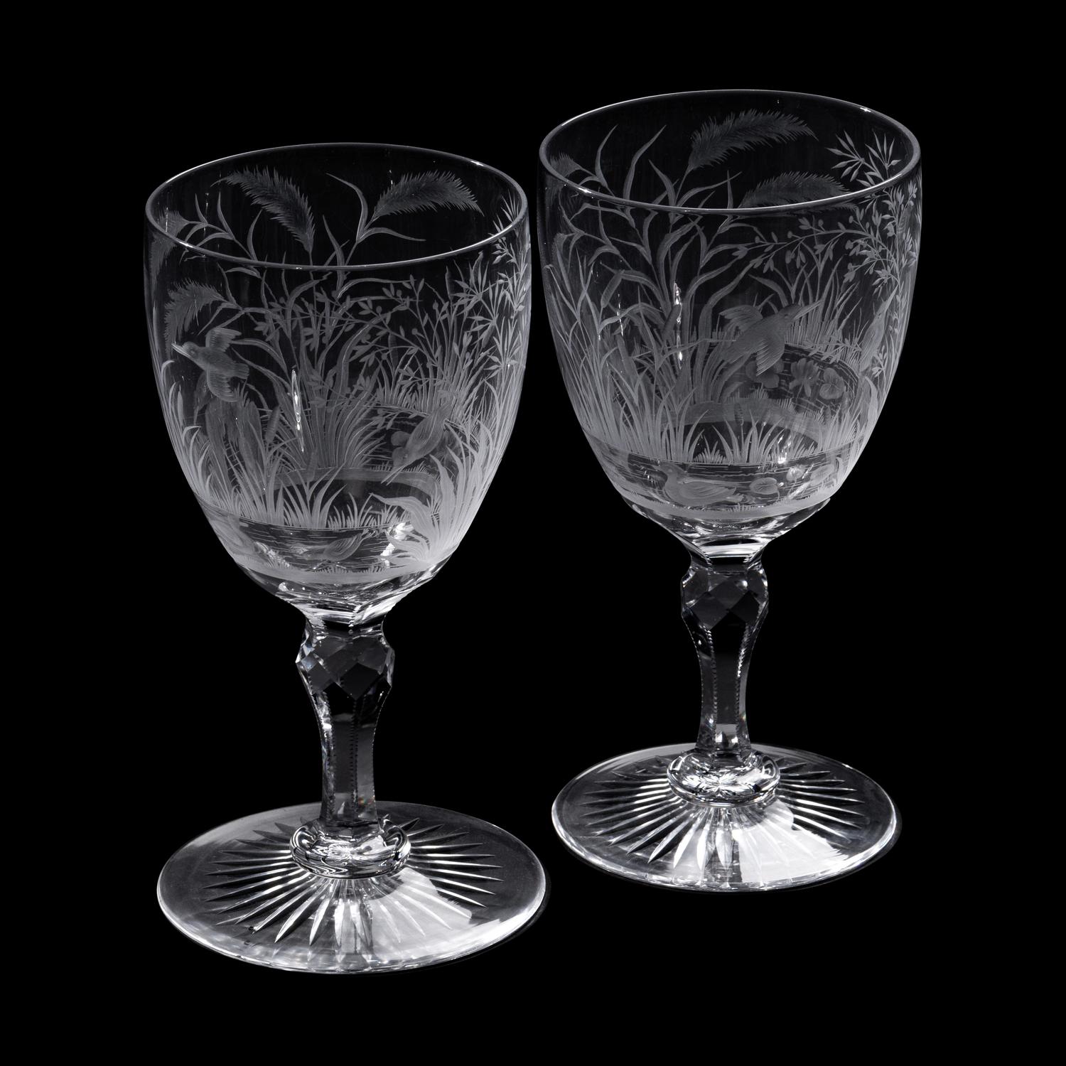 A Pair of Etched and Cut Glass Goblets with Waterfowl Motifs