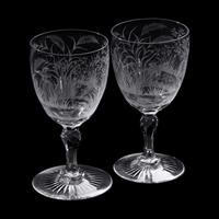 A Pair of Etched and Cut Glass Goblets with Waterfowl Motifs