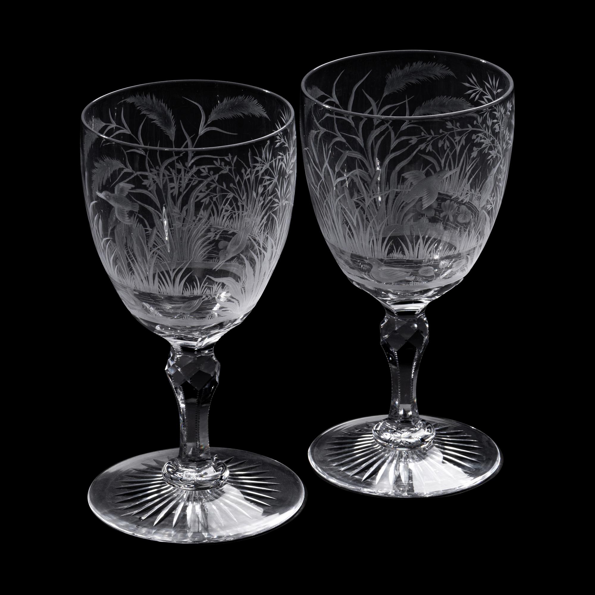 A Pair of Etched and Cut Glass Goblets with Waterfowl Motifs