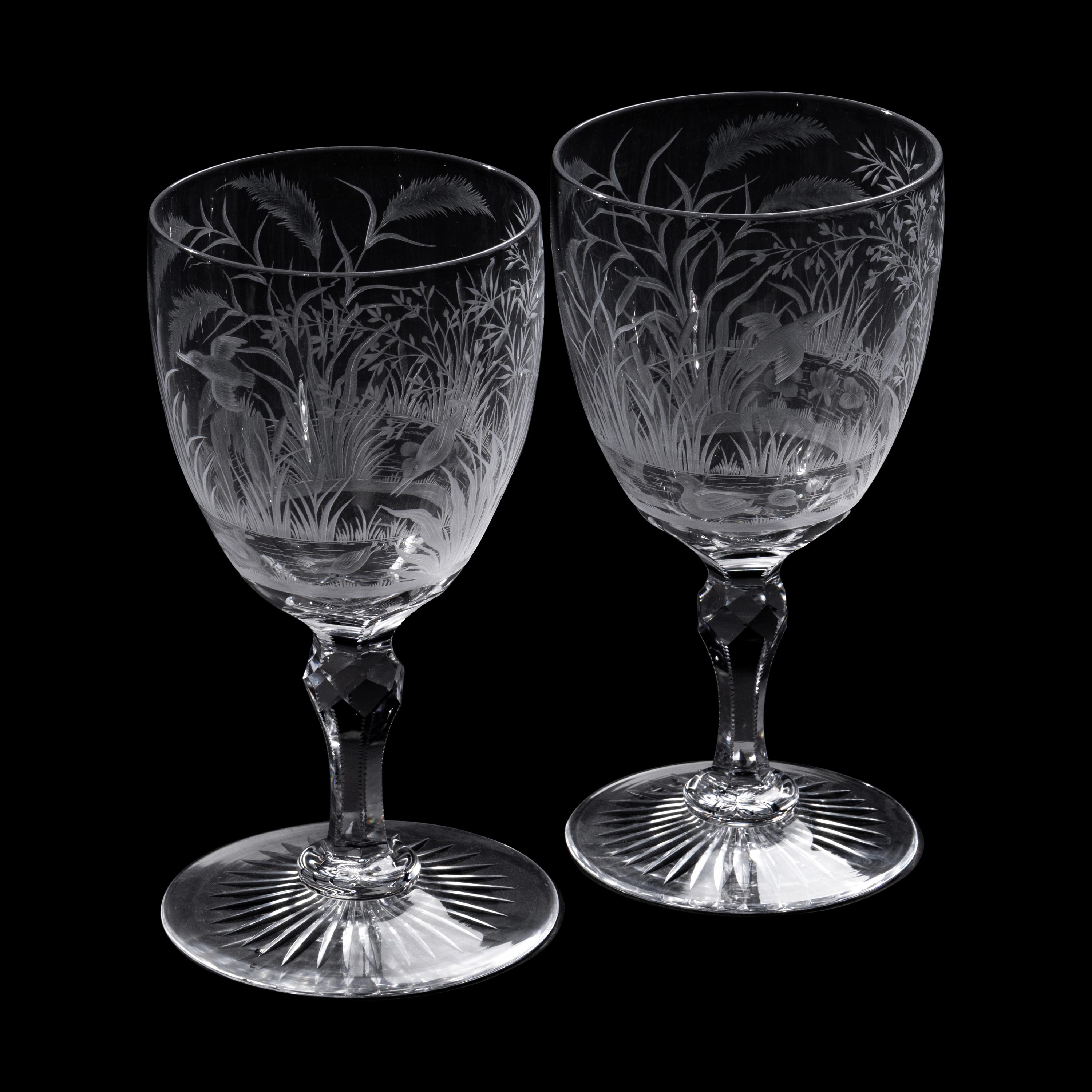 A Pair of Etched and Cut Glass Goblets with Waterfowl Motifs