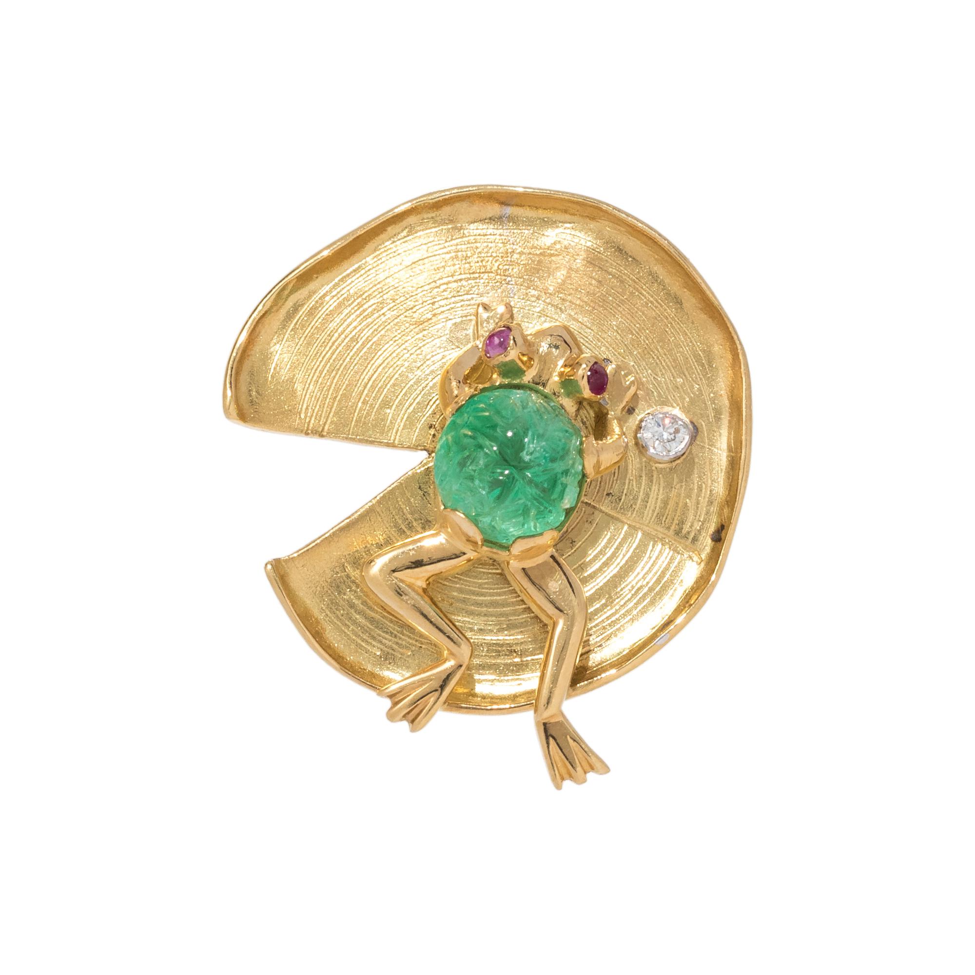 YELLOW GOLD, EMERALD AND DIAMOND FROG AND LILY PAD BROOCH