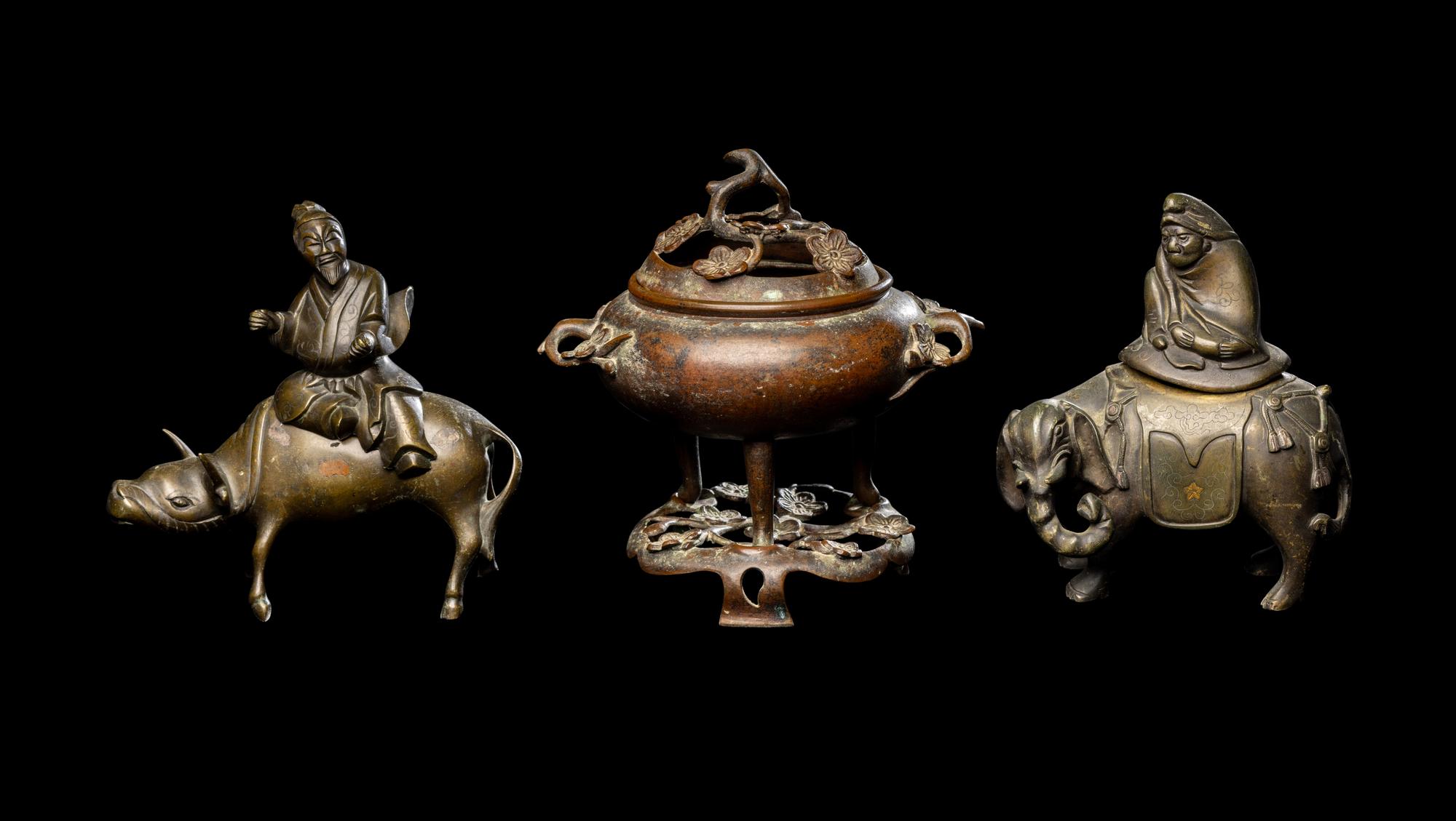 Three Japanese Bronze Incense Burners