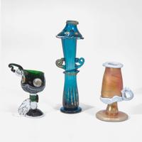 Thomas Kekic (American, 1943-1986), Kim Newcomb (American, 20th Century) An Iridescent Pasta Vitrea Footed Mug, Glass Goblet, and Glass "Bug House", USA, 1972