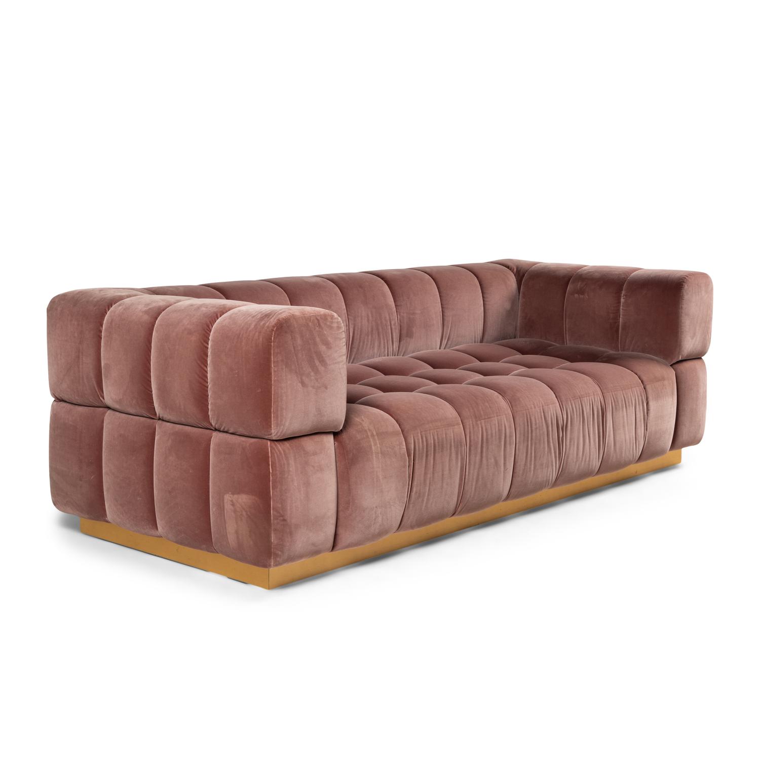 A Custom Tufted Velvet and Brass Sofa