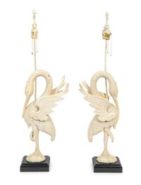 A Pair of White-Painted Carved Crane Lamps