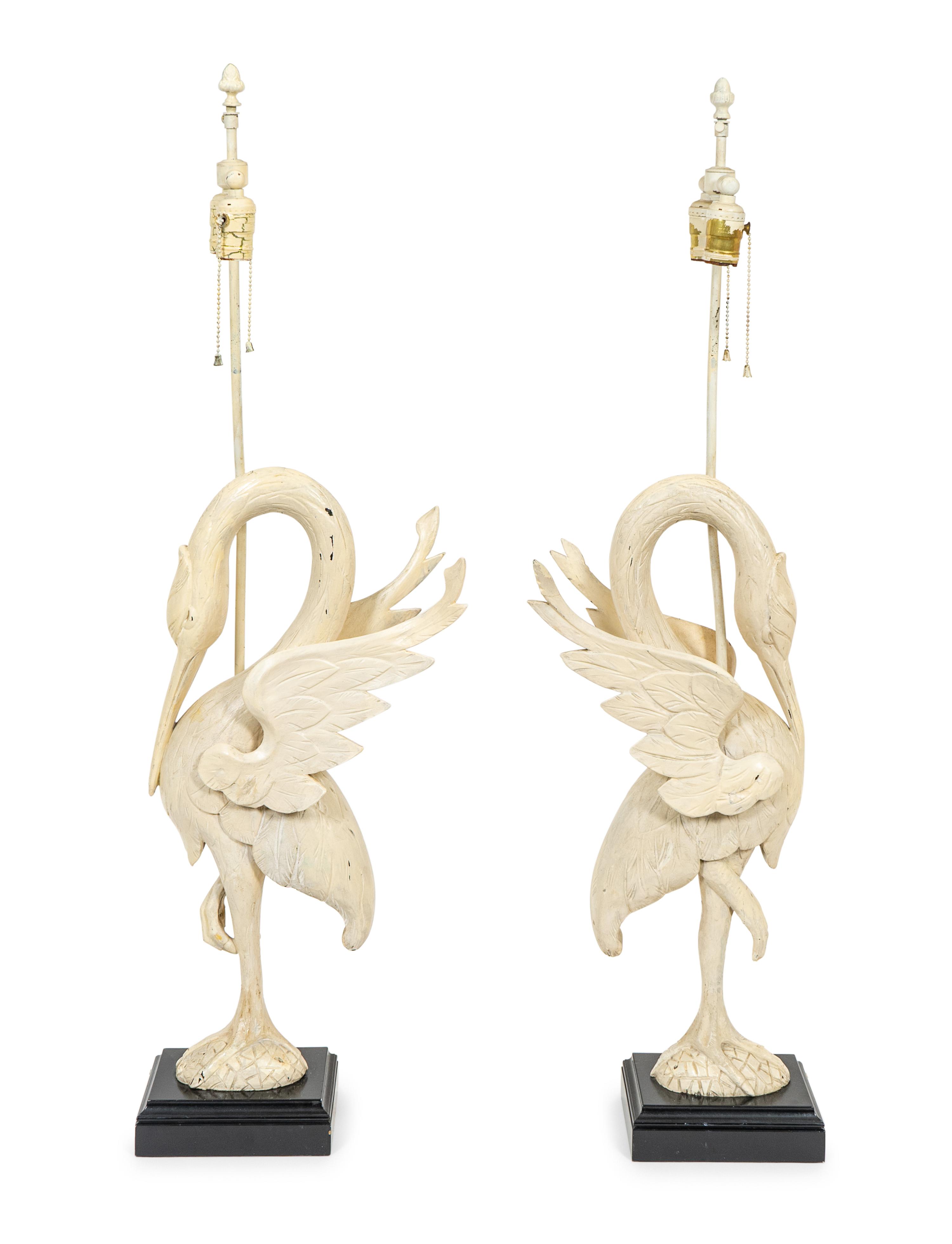 A Pair of White-Painted Carved Crane Lamps