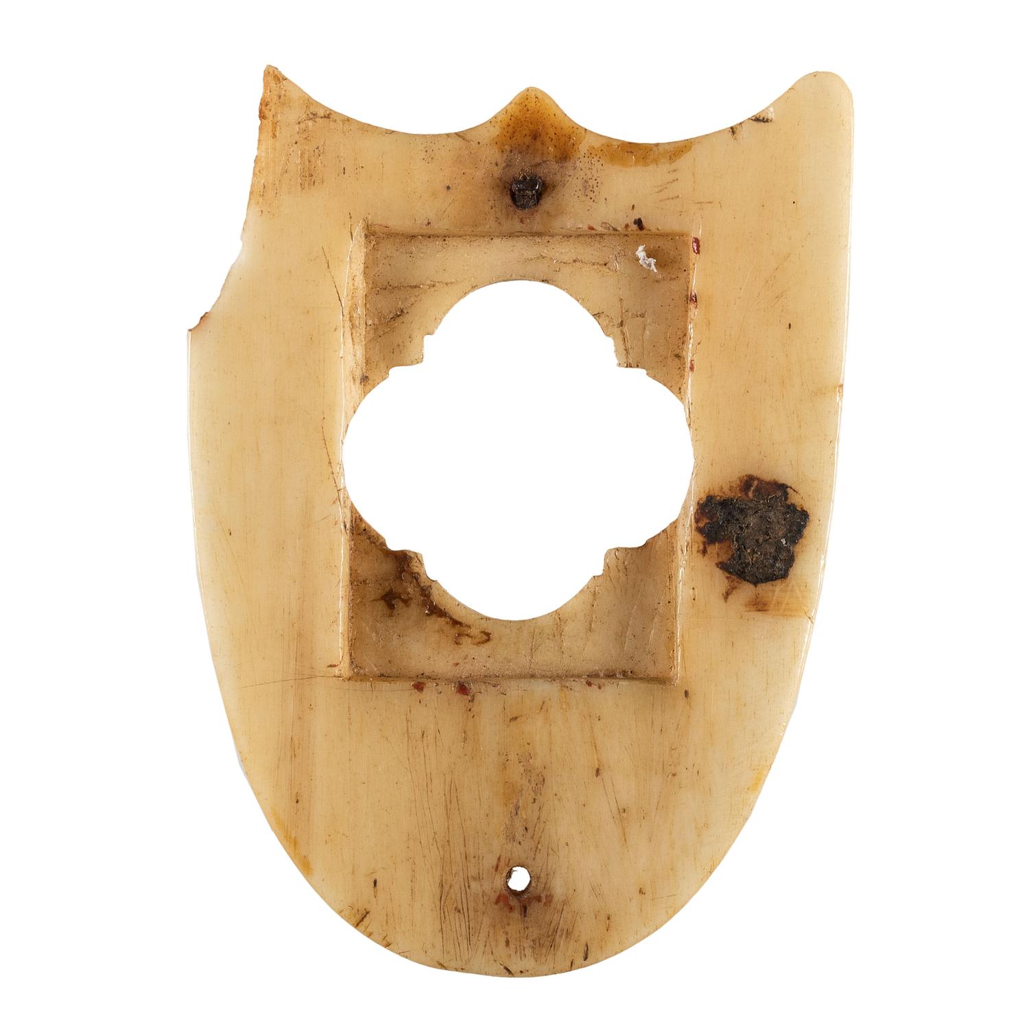 Civil War soldier's folk art shield brooch "made from a Rebel bone" by Private Hudson S. Oakes, Company B, 20th Maine Infantry.