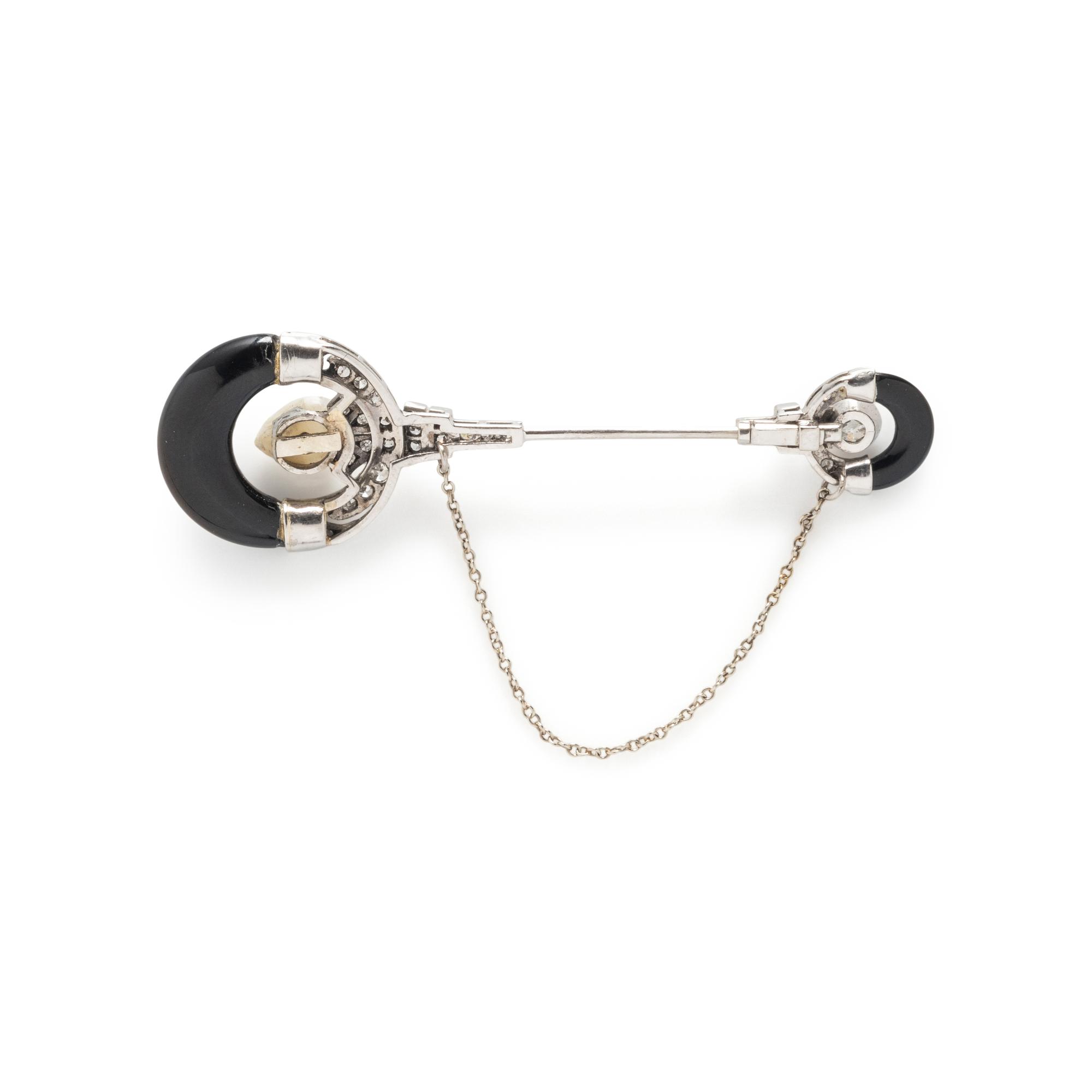 ONYX, DIAMOND AND BAROQUE CULTURED PEARL JABOT PIN
