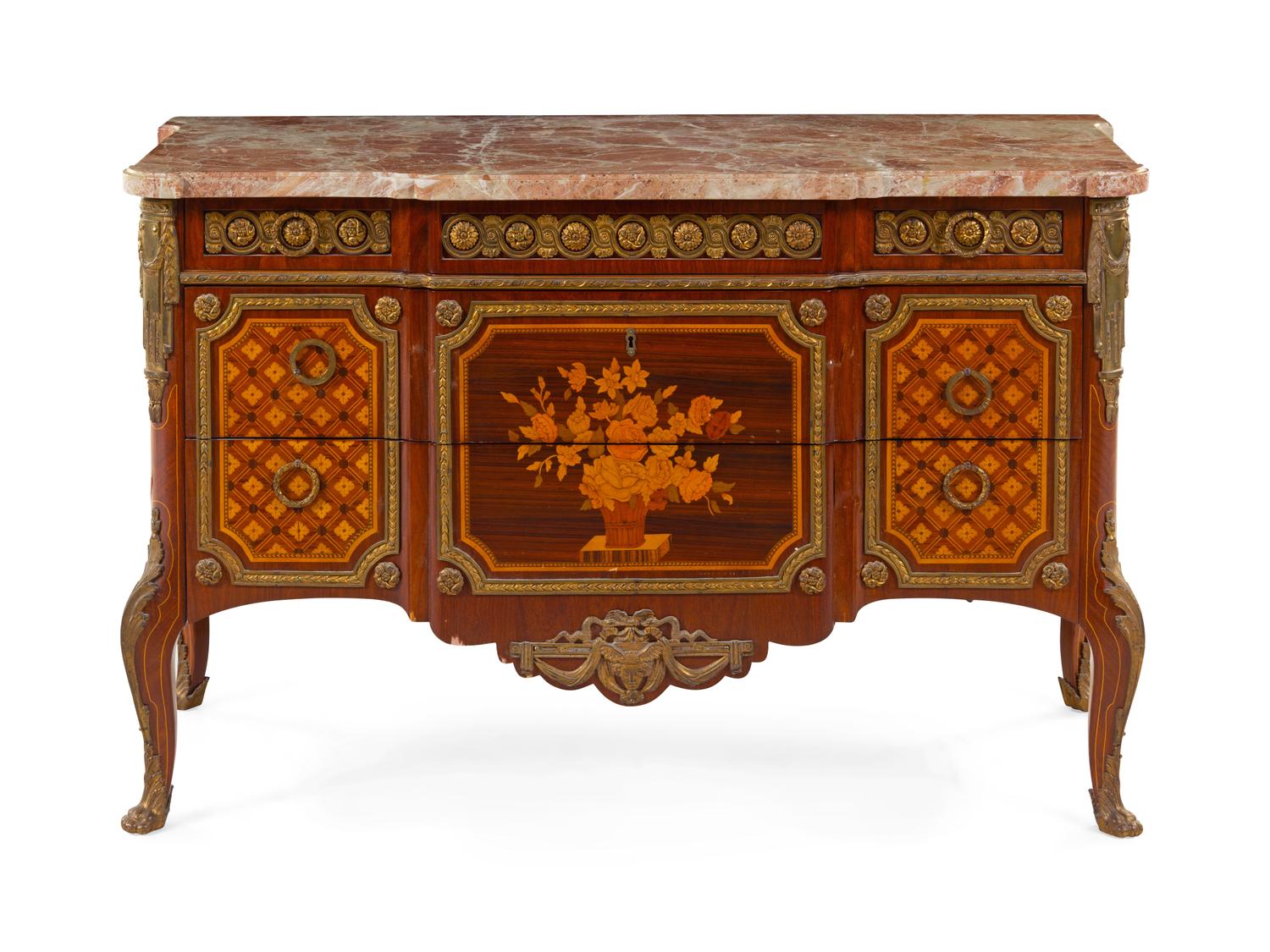 A Transitional Style Gilt Bronze Mounted Marquetry Commode