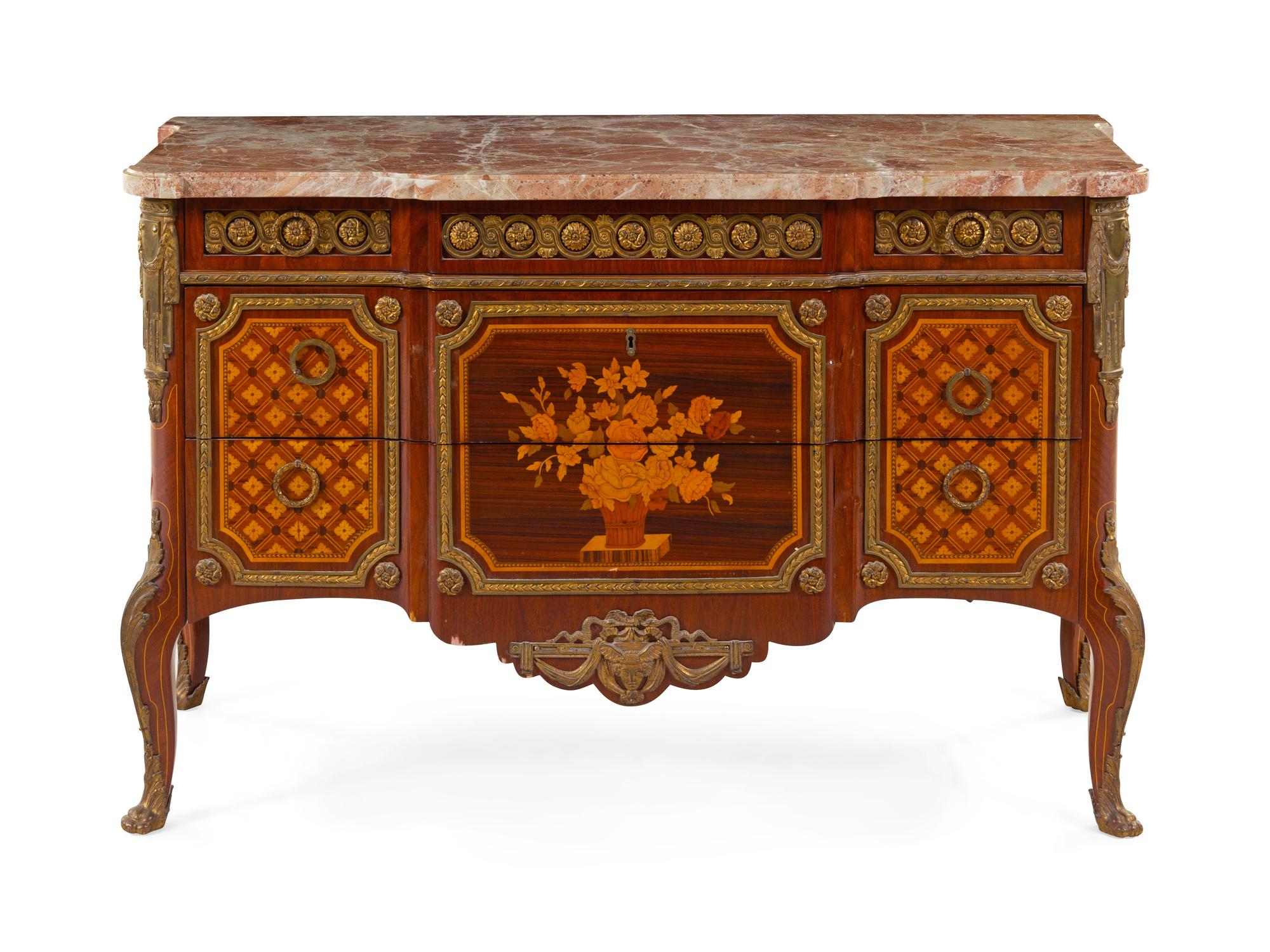 A Transitional Style Gilt Bronze Mounted Marquetry Commode