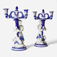A Pair of Wedgwood Delft-Style Triton Candelabras UK, 1870s