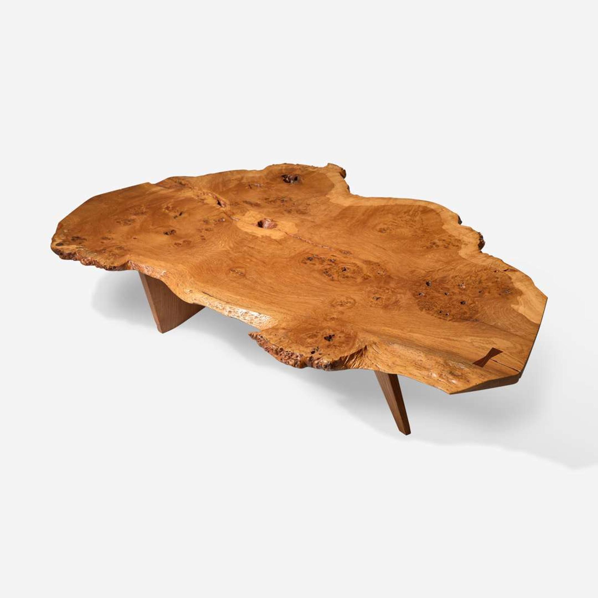 George Nakashima (American, 1905-1990) Exceptional English Oak Burl "Slab" Coffee Table, New Hope, Pennsylvania, 1967