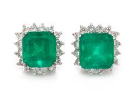A Pair of Platinum, Emerald and Diamond Earclips,