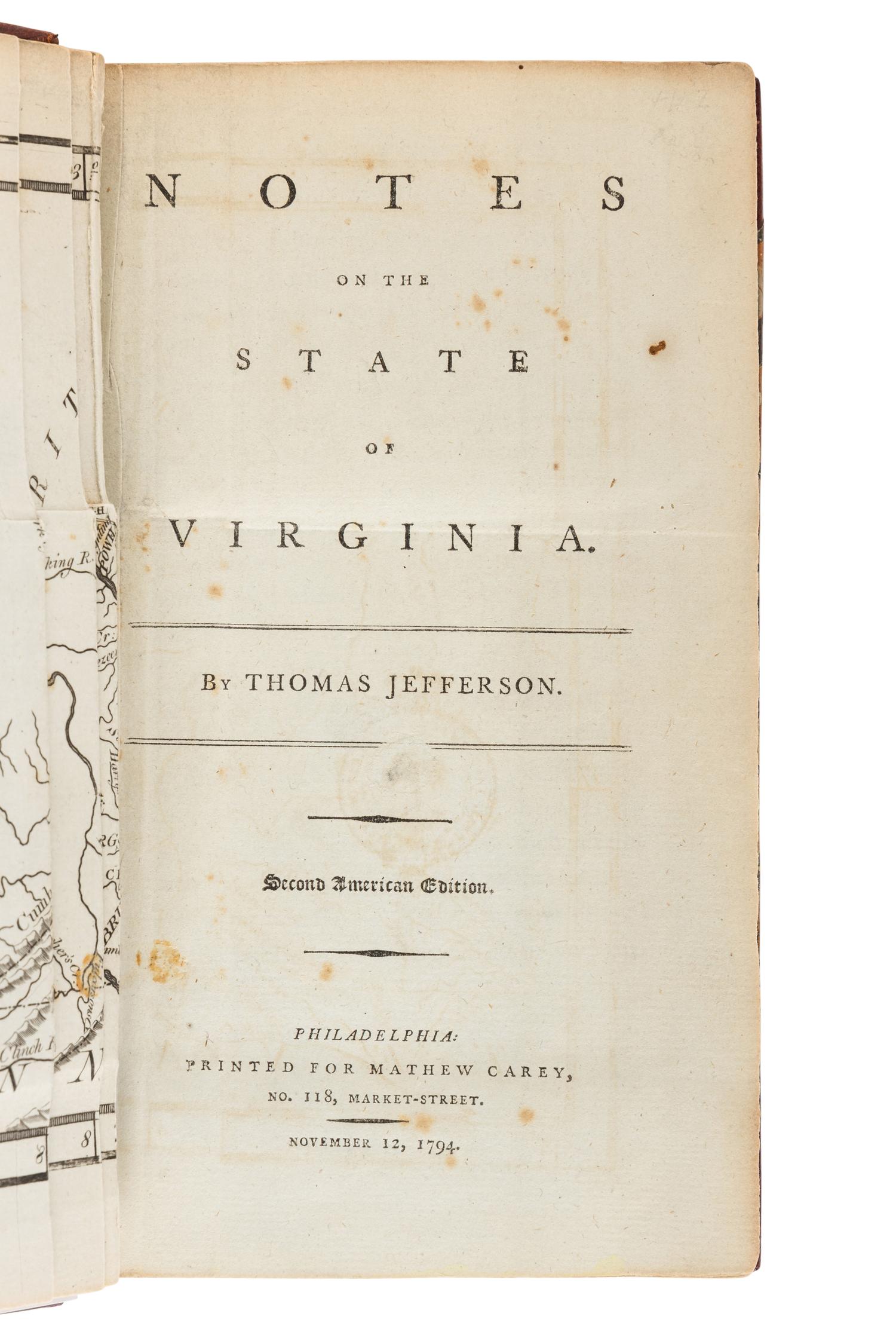 JEFFERSON, Thomas (1743-1826). Notes on the State of Virginia. Philadelphia: Matthew Carey, 1794.