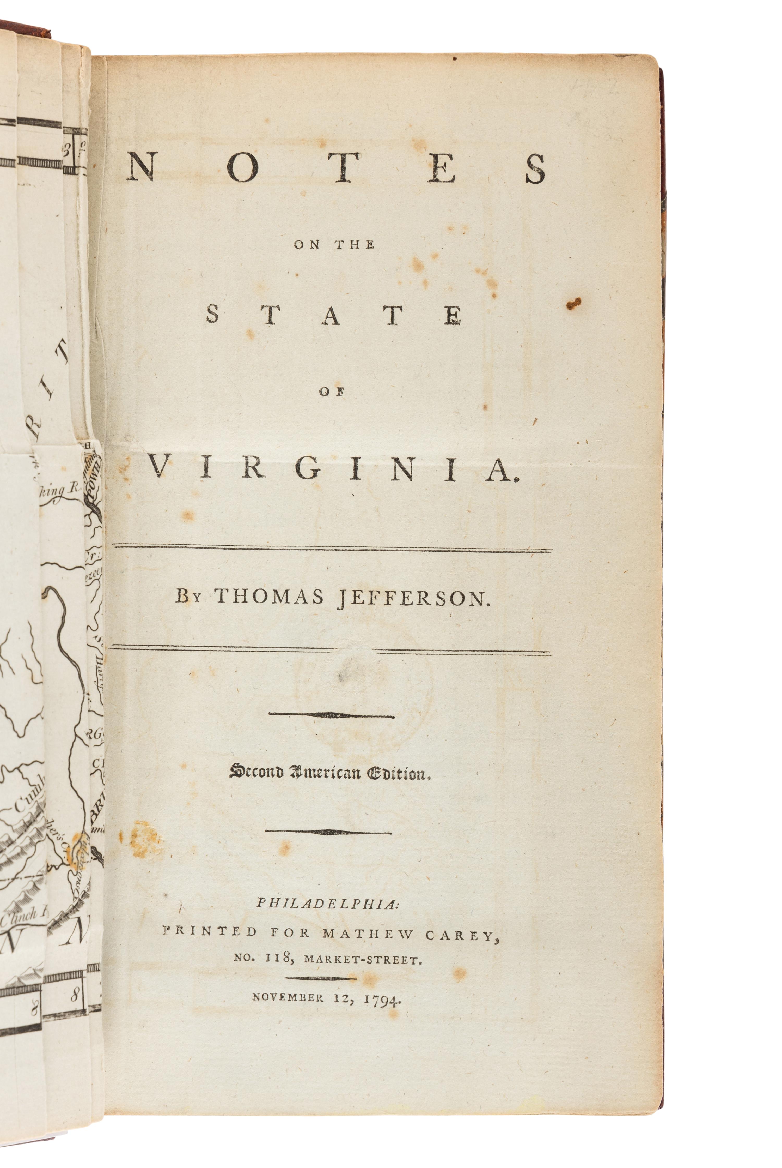 JEFFERSON, Thomas (1743-1826). Notes on the State of Virginia. Philadelphia: Matthew Carey, 1794.