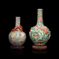 Two Chinese Famille Rose Mille Fleur Porcelain Vases, 19th Century 清晚期 粉彩百花不落地賞瓶及羅漢圖賞瓶兩支