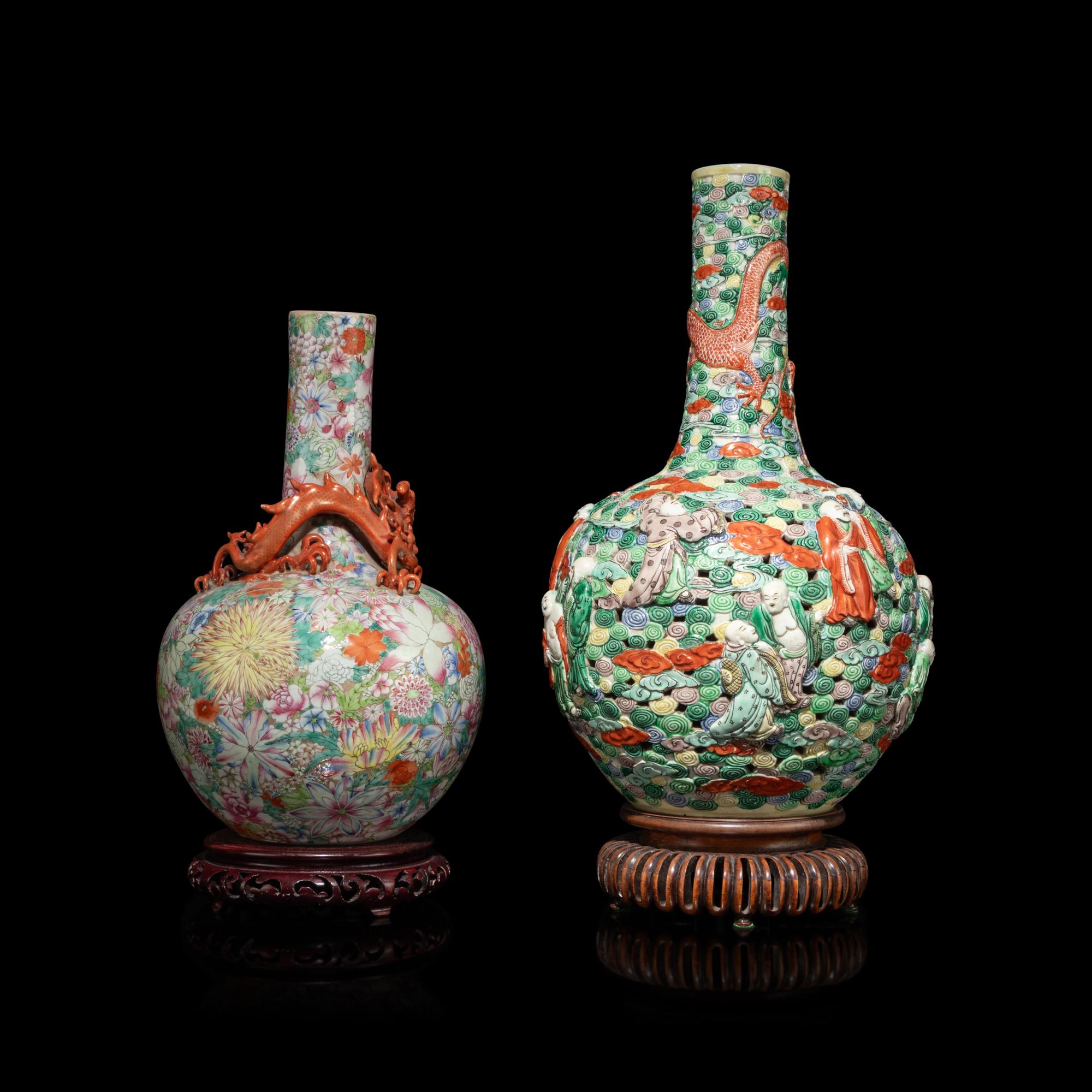 Two Chinese Famille Rose Mille Fleur Porcelain Vases, 19th Century 清晚期 粉彩百花不落地賞瓶及羅漢圖賞瓶兩支