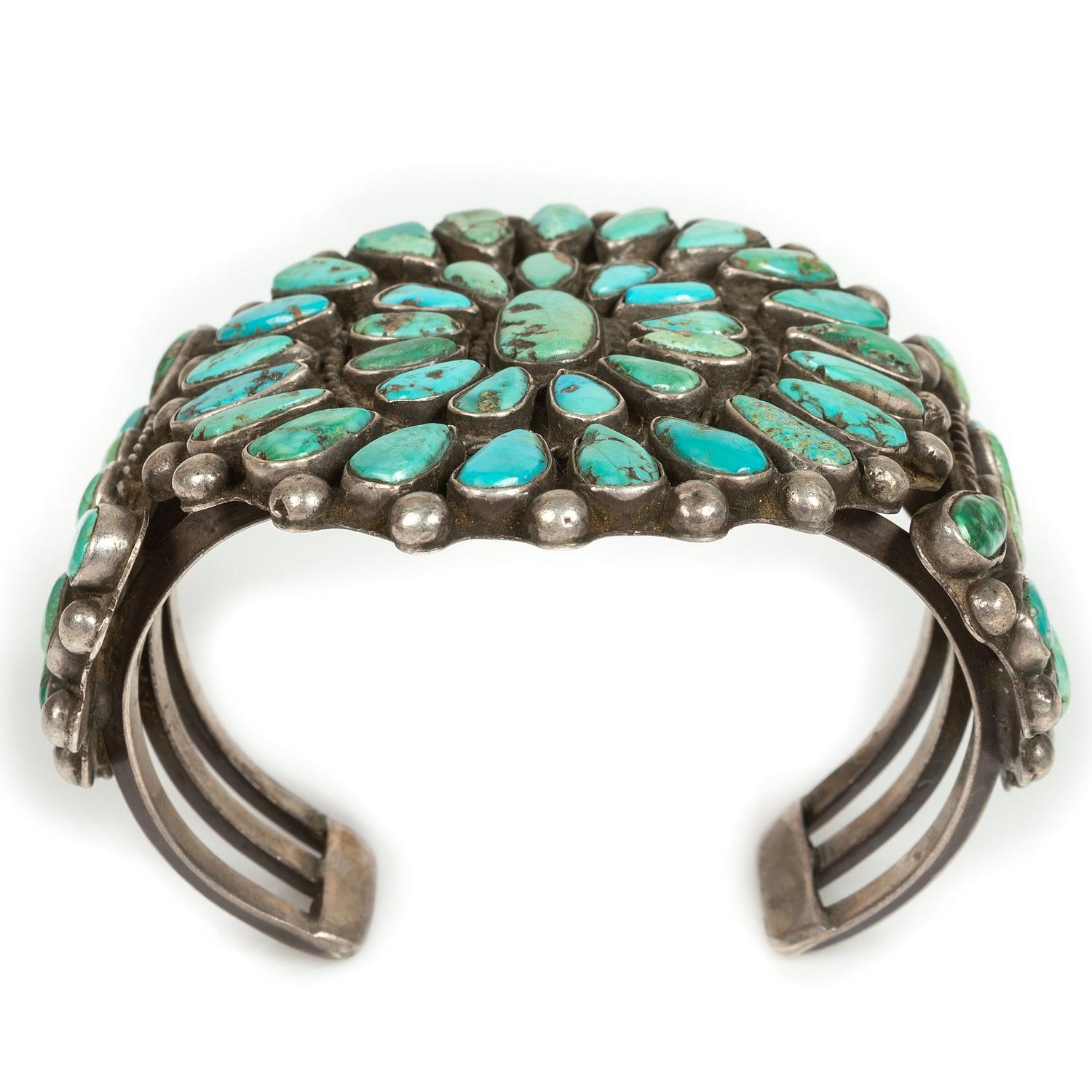 Navajo or Zuni Silver and Turquoise Cluster Cuff Bracelet