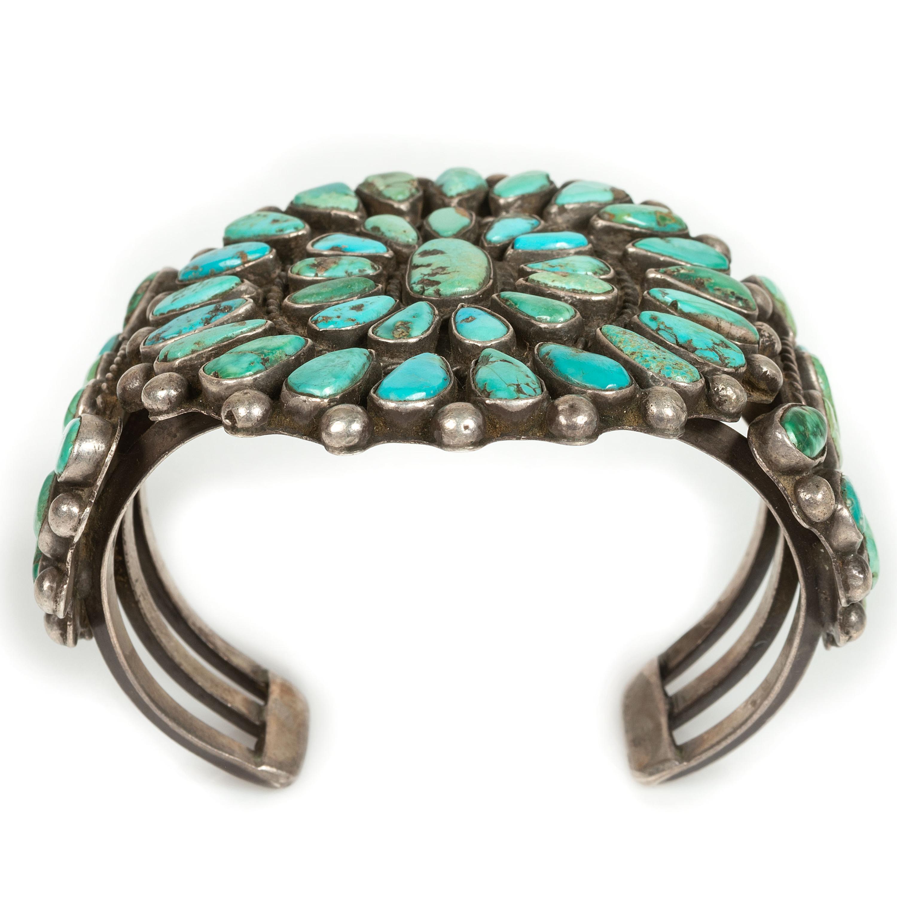 Navajo or Zuni Silver and Turquoise Cluster Cuff Bracelet