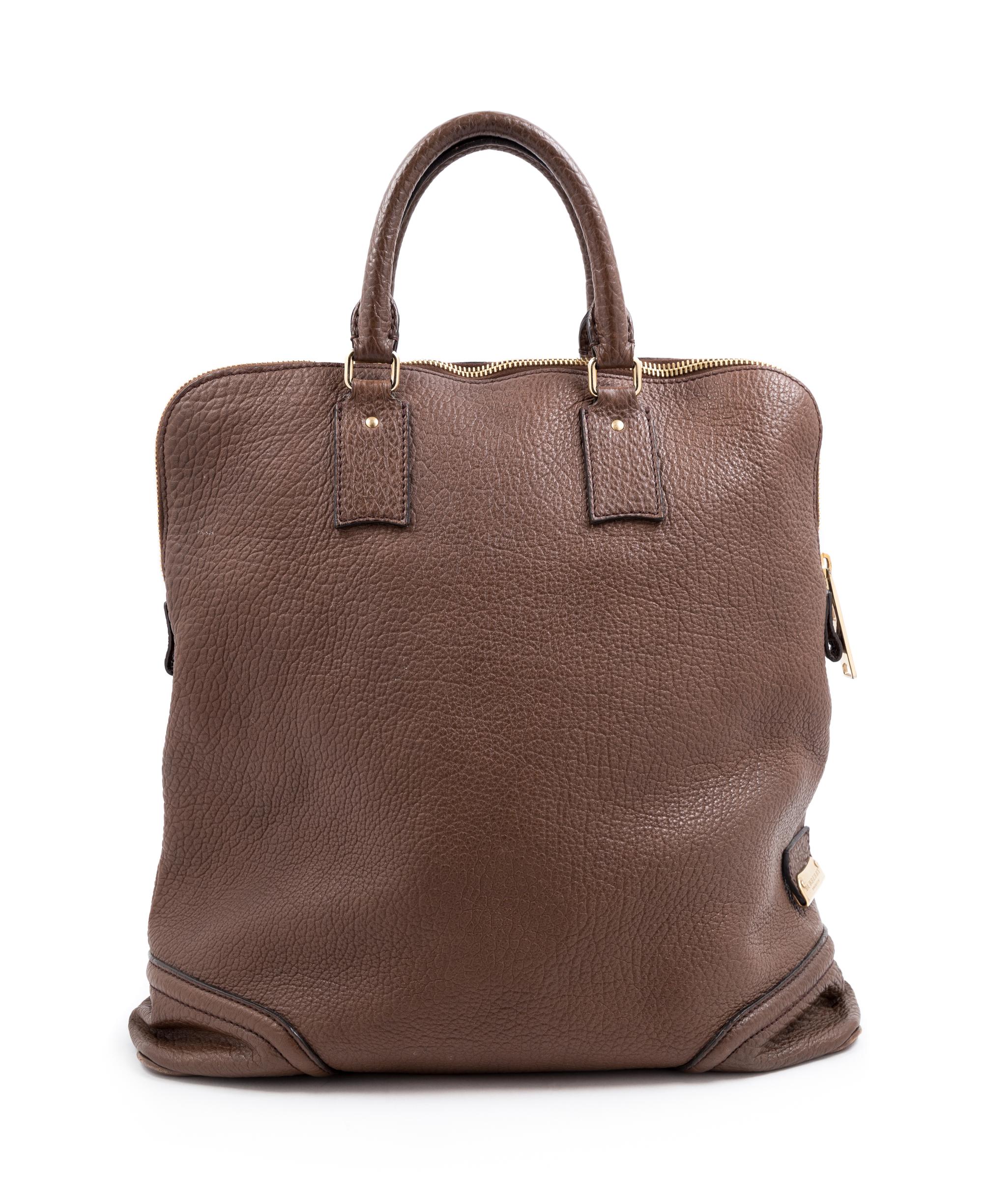 A Burberry Dark Brown Textured Leather Travel Bag, 17" H x 16" W x 6" D; Handle drop: 5".